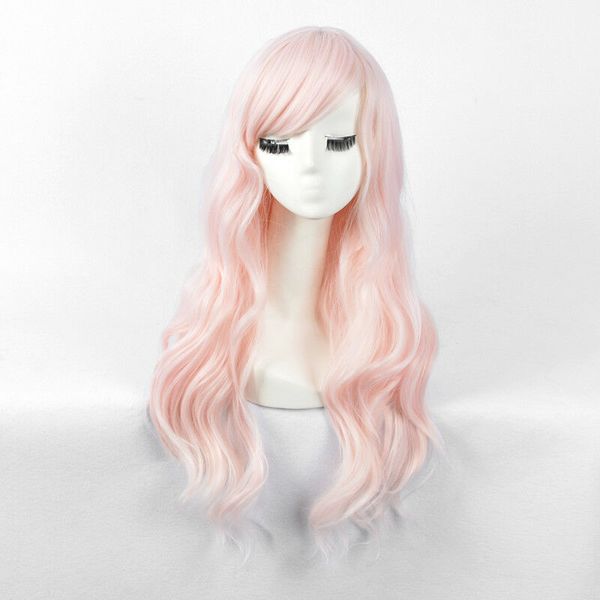 Pink Hair Women Finger Wave Style Fashion Long Curly Light Full