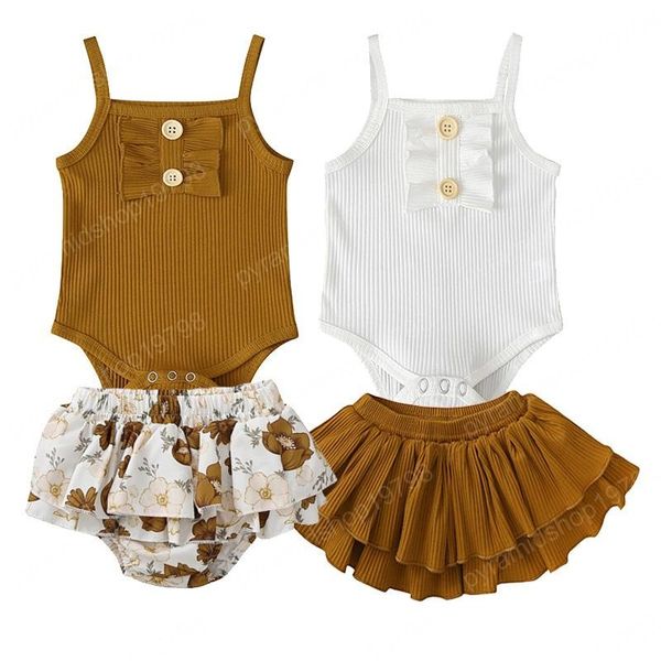 

baby girl ribbed outfit girls summer flouncing clothing set toddler infant vest romper shorts skirt 2pcs clothing, White