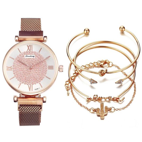 

luxury watch jewelry set mesh band stainless steel analog quartz wristwatch lady roman number watches new insert diamonds, Slivery;brown
