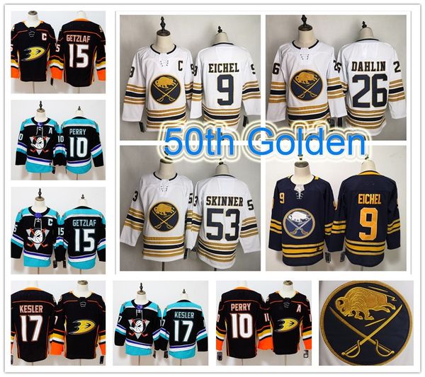 

Buffalo abre 50th golden jer ey jack eichel jeff kinner ra mu dahlin anaheim duck corey perry ryan getzlaf ryan ke ler hockey jer ey, Black;red