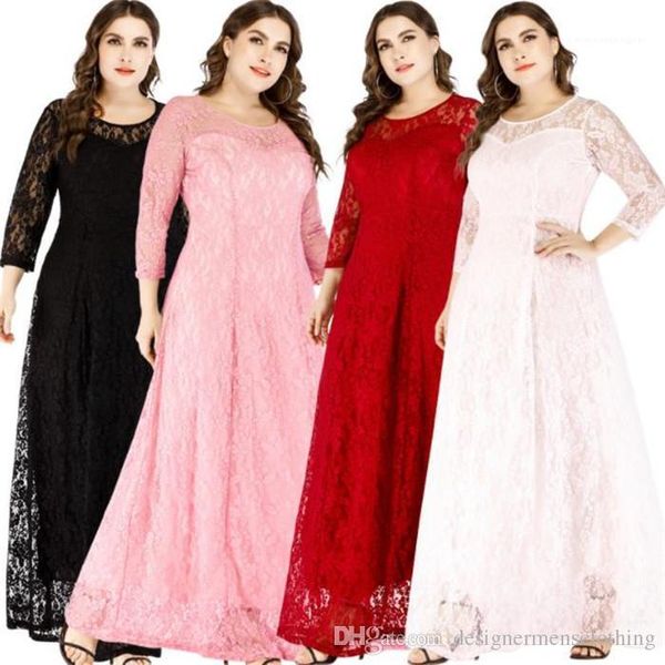 

lace hollow out long dress women casual party dresses female clothes spring plus size women dresses o-neck, White;black