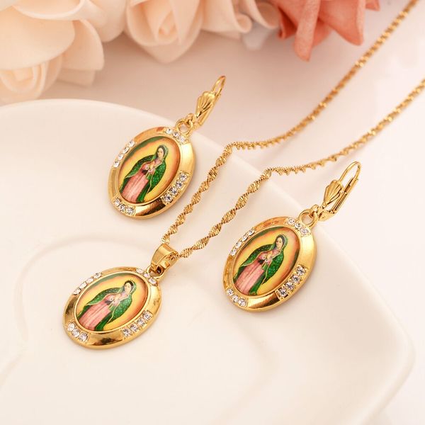 

loyal mother virgin mary necklace earrings pendant set fine solid gold gf catholic religious crystal inlay cz jewelry christmas, Black