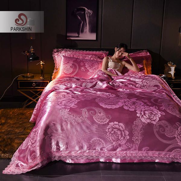 

parkshin luxury bed linen euro set bedspread double  jacquard tencel silk bedspread cotton bed flat sheet duvet cover set