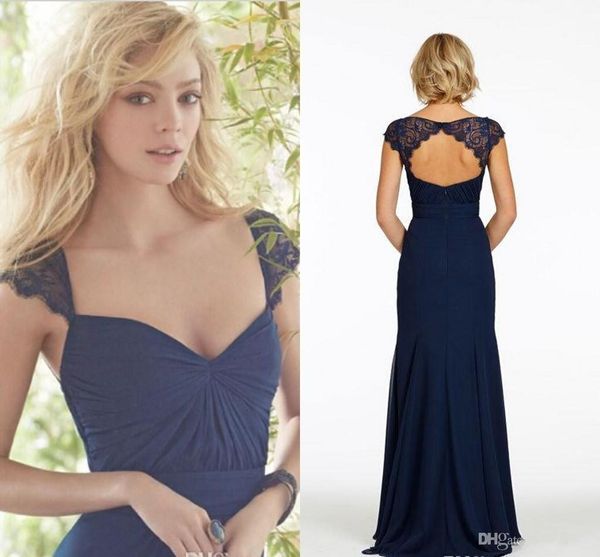 Marineblau/Dunkelblaue Spitze mit Flügelärmeln, schlichtes Chiffon, günstige Brautjungfernkleider, Schlüsselloch-Rücken, sexy Partykleid für Trauzeugin 1045