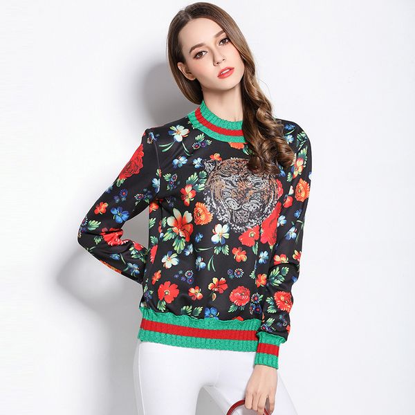 

autumn winter women sweaters and pullovers korean style long sleeve casual tiger flower printed knitted jumpers sweter mujer, White;black