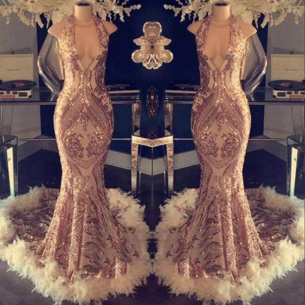 

champagne sparkly halter mermaid prom dresses with feathers sequins lace formal evening dresses 2020 celebrity party gowns, White;black