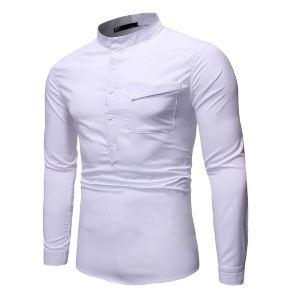 

men's casual slim shirt stand collar pure color long sleeve british style business dress shirt men clothing soft comfortable, White;black