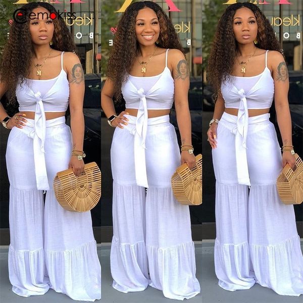 

ceremokiss new summer women set spaghetti strap tie up wide leg pants suit two piece set beach tracksuit outfit overall, White