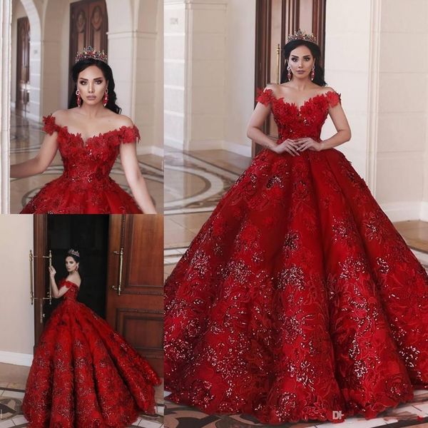 

saudi arabic 2020 red ball gown wedding dresses off the shoulder lace appliqued dubai crystal beaded bridal gowns vestido de novia, White