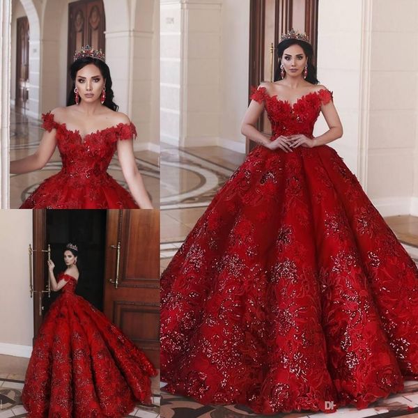 Saudi Árabe 2020 Vestido de Bolas Vermelho Vestidos Do Casamento fora do Ombro Lace Appliqued Dubai Cristal Frisado Brown Vestido de Novia