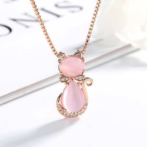 

selling pendant female creative pink crystal cat pendant korean style ross quartz elegant box chain necklace, Silver