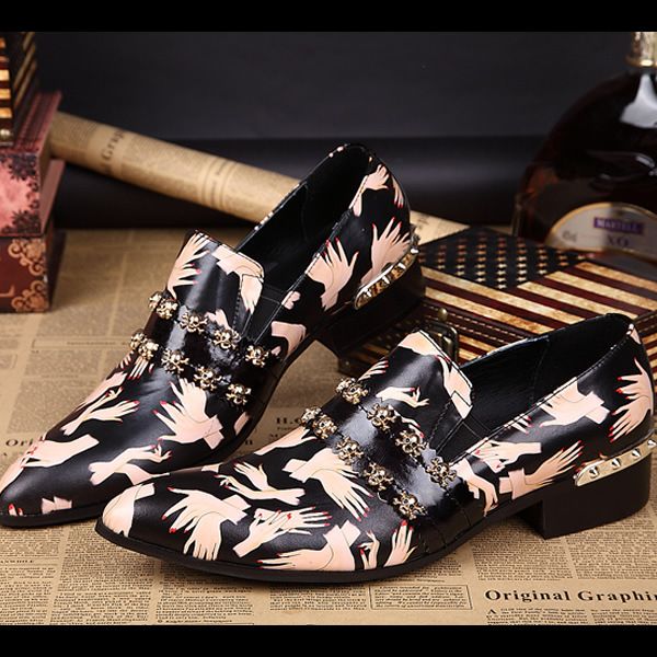 

men fashion hand print shoes round toe formal business leather shoes party casual breathable, Black