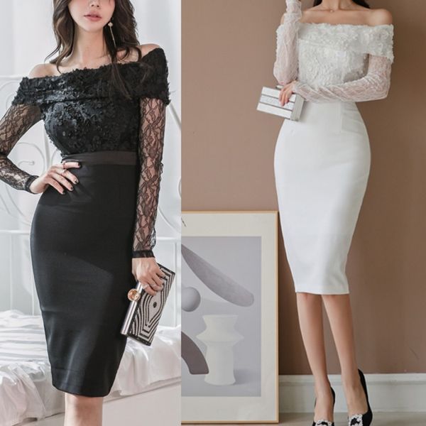 

2020 new style korean-style fashion elegant slimming-off-shoulder lace dress dress 2022, Black;gray