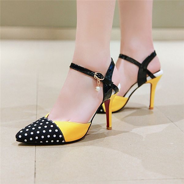 

ymechic 2019 summer closed pointed toe sandals women polka dot yellow stiletto fashion thin high heels shoes sweet ladies pumps, Black