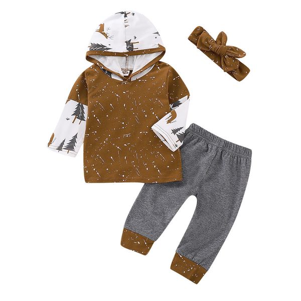 

2018 autumn winter warm causal infant baby girls boys sets long sleeve hooded pullover brown +grey pants+headband, White