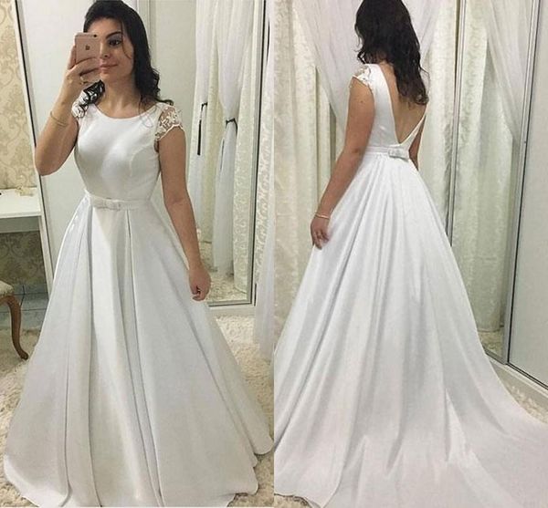 

elegant wedding dresses with lace cap sleeves jewel neck satin a line bridal gowns belt v backless sweep train simple dress custom made, White
