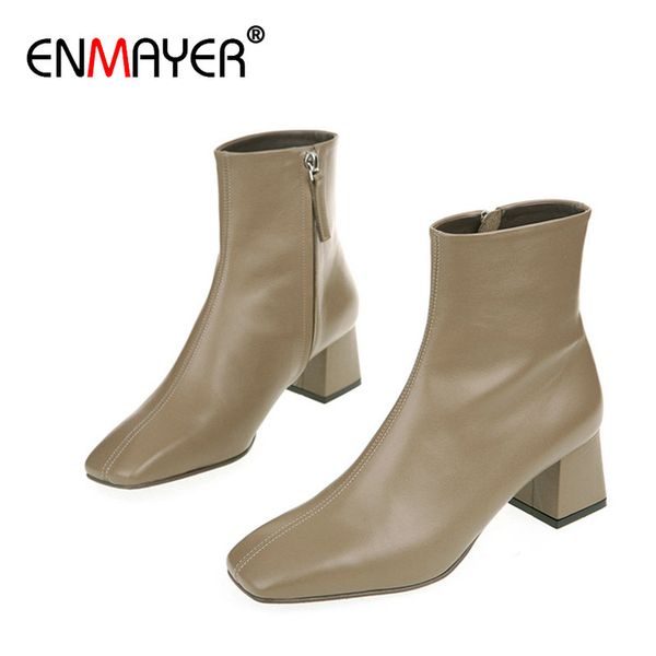 

enmayer 2019 fashion ankle boots for women genuine leather slip-on boots square toe women short plush shoes, Black