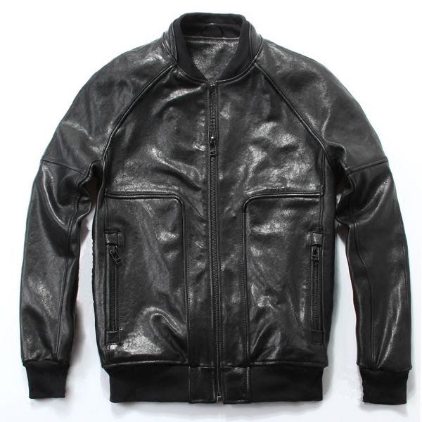 

men's fashion genuine leather baseball jacket natural soft sheepskin casual leather coat men slim fit pilot jacket for men, Black