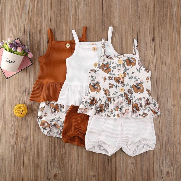 

2pcs kids baby girl clothes sets 1-5y knit single breasted sleeveless flower shorts pants outfit set, White