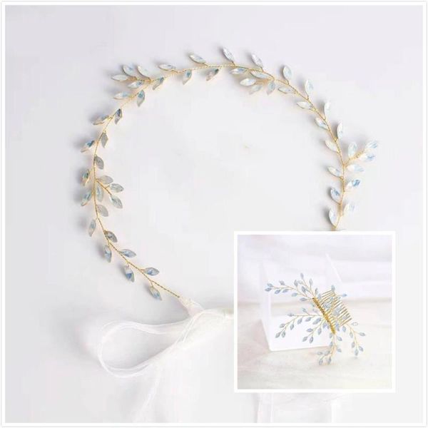 

other 2pcs gold color hairbands and combs rhinestone wedding hair jewelry accessories women handmade ornament decoration, Golden;white