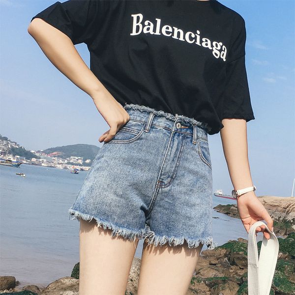 

2019 summer new women's korean version of the hole denim shorts women's high waist wide leg pants, Blue