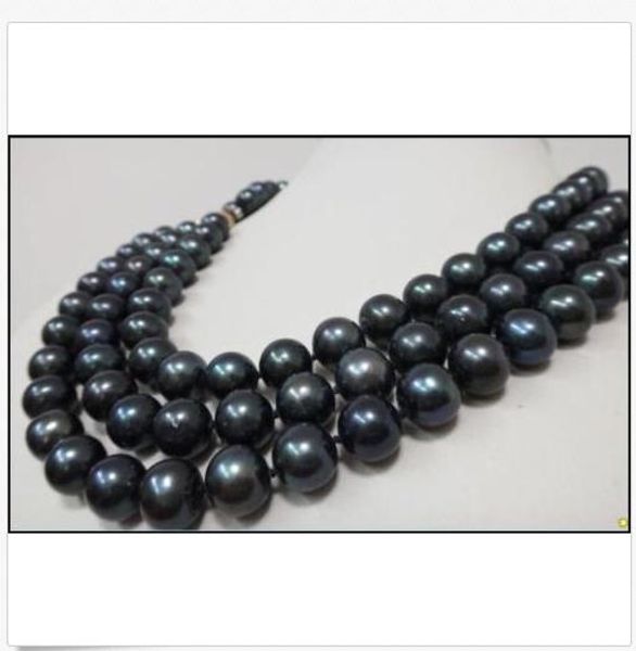 

huge genuine aaa10-11mm triple strands tahitian black pearl necklace 17"18"19, Silver