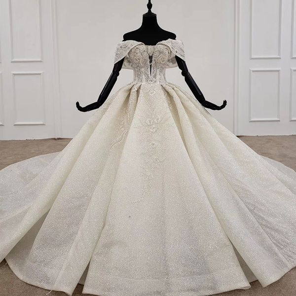 

2020 wedding dress off shoulder sweetheart cathedral train appliques beading sequined lace luxury short sleeves wedding gowns robe de marie, White