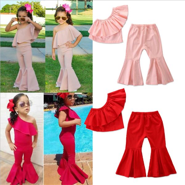 

baby kids girl clothes outfits 2 colors off shoulder solid color ruffle tank long flare pants 2pcs set fashion children clothing jy283, White