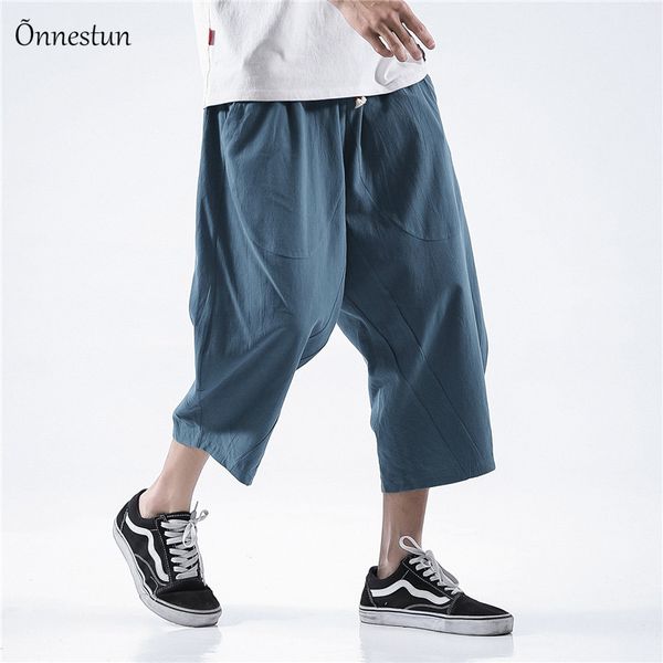 

onnestun casual man pants summer cotton linen cargo pants men plus size solid joggers, Black