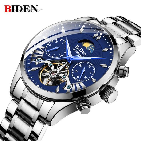 

luxury biden men automatic mechanical watches male stainless steel multifunction waterproof sports watches relogio masculino, Slivery;brown