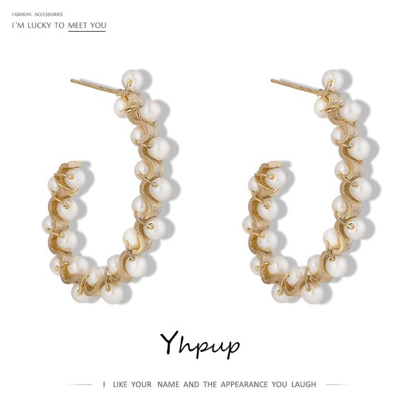 

yhpup new simulated pearls stud earrings rhinestone jewelry geometric copper earrings for women anniversary gift 2020, Golden;silver