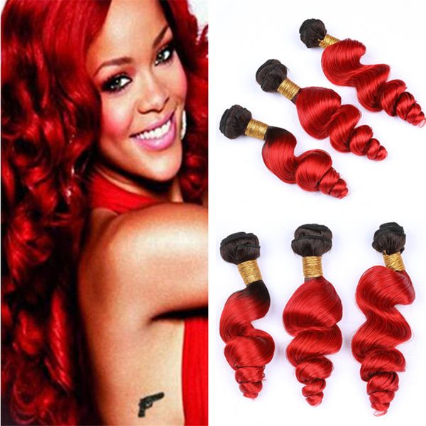 Two Tone 1b Red Ombre Human Hair Bundles Loose Wave Wavy Black And
