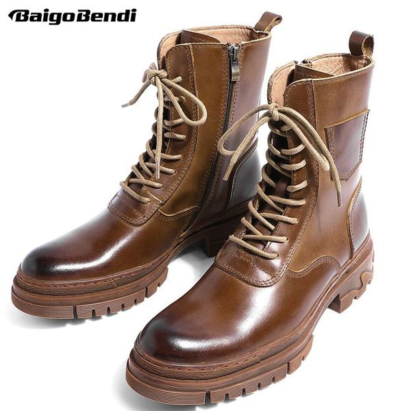 

5cm heels mid-calf motorcycle boots mens genuine leather lace up work boots winter soliders shoes, Black
