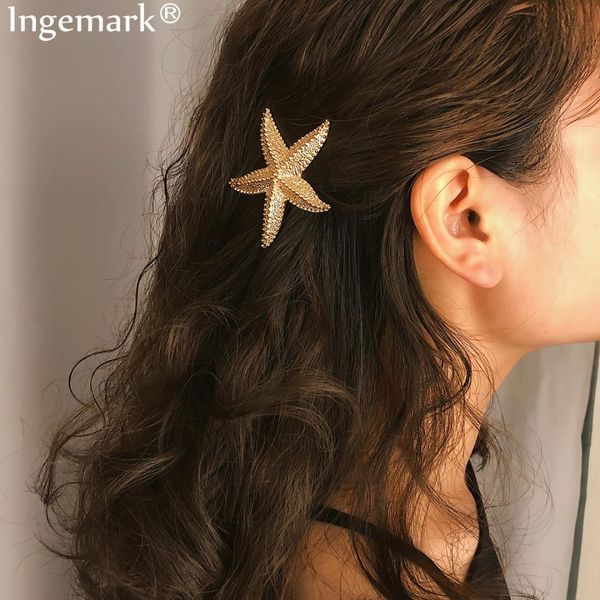 

ingemark fashion elegant starfish sea star hairpins barrette wedding lady hair clips stick hairpin hair styling accessories boho, Golden;white