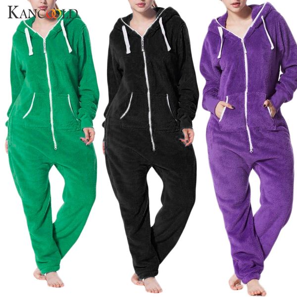 

kancoold jumpsuit knit tight women's solid color zipper plush padded jumpsuit women's winter basic tights, Black;white