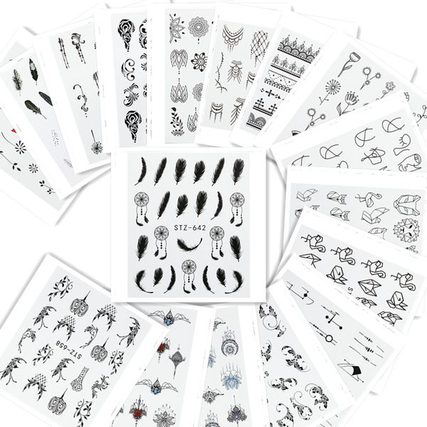 

17pcs black flower leaf stickers 3d nails art water transfer decal slider geometry nail art wrap foil tip manicure decoration