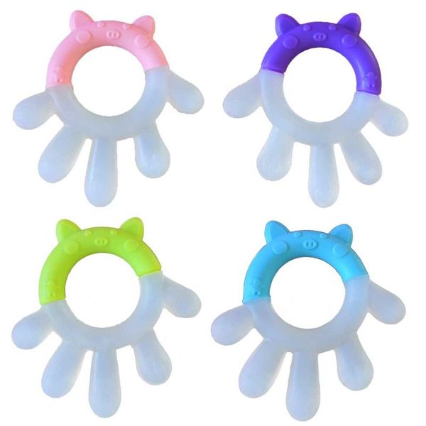 

baby silicone teether cartoon palm shaped infant toddlers teething ring food grade chewing bite soothers toy 4 colors