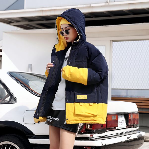 

women's cotton padded jacket hit color tooling hooded women parka 2018 fashion brand thick section loose winter women jacket, Black