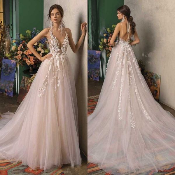 

2020 bohemian wedding dresses lace 3d floral appliqued tulle a-line backless bridal gowns spaghetti sweep train beach wedding dress, White
