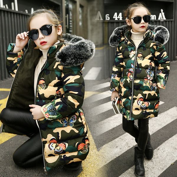 

girls cotton-padded outerwear camouflage coats winter children warm clothes fashion fur collar girls jacket 4 6 8 10 12 13 years, Blue;gray