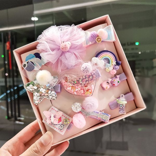 

10pcs/set gift box hair clips for girls hair accessories lovely cartoon bow kids hairpins headwear princess flower barrettes, Slivery;white