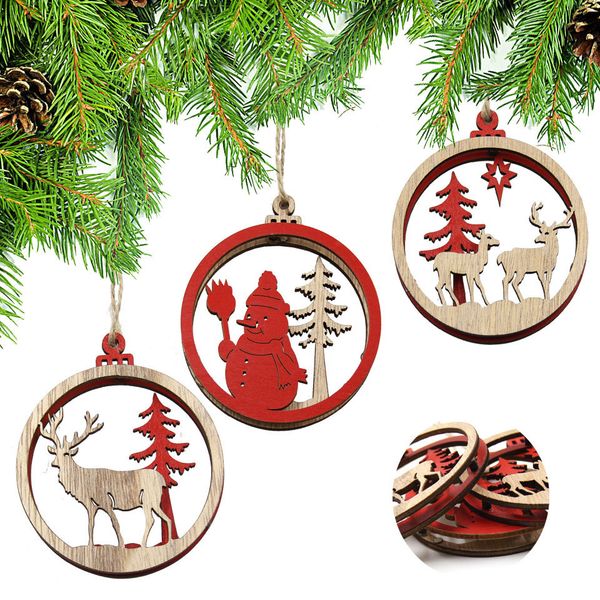 

3pcs creative hollow 3d christmas ball wooden pendants xmas tree ornaments diy wood crafts for home christmas party decorations