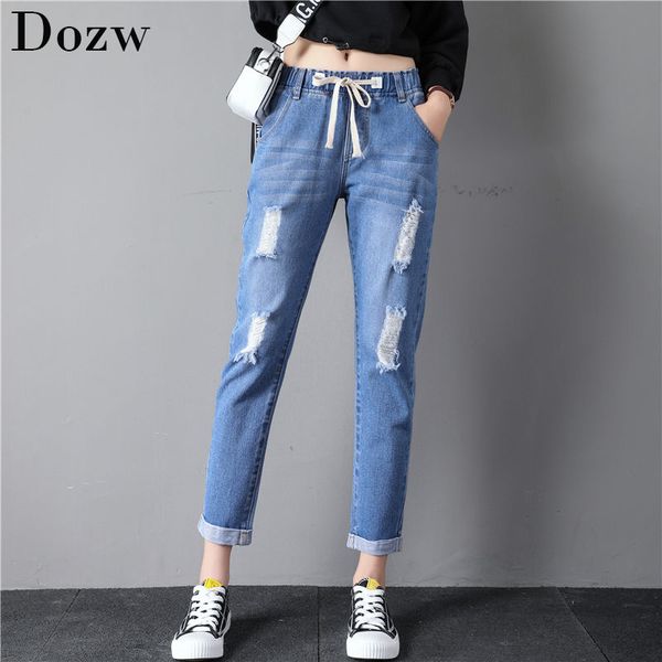 

women jeans pants 2019 ankle length harem trousers waist drawstring tassel ripped denim pants distresses jeans, Blue