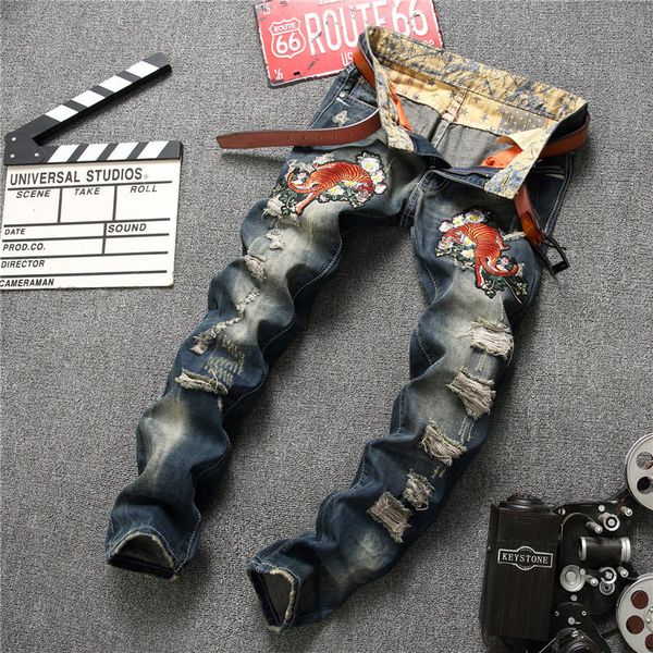 

new mens skinny jeans casual slim biker jeans denim knee hole animal print pants washed sell size 29-38, Blue