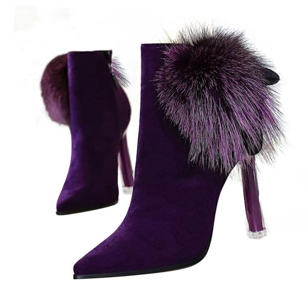 

2020 fashion women thin high heels ankle boots real fur winter warm plush shoes plus big size 34-40 side zip g0168, Black