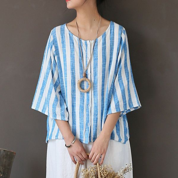 

2019 summer women casual cotton linen striped shirt seven sleeve button loose blouses three quarter vintage o-neck, White