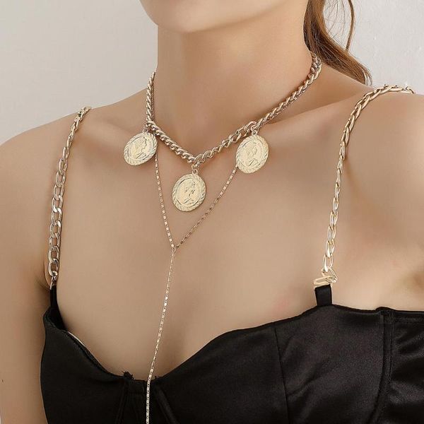 

vintage multi layer chunky thick curb cuban choker necklaces collar for women carved coin pendant long tassel necklaces jewelry, Golden;silver