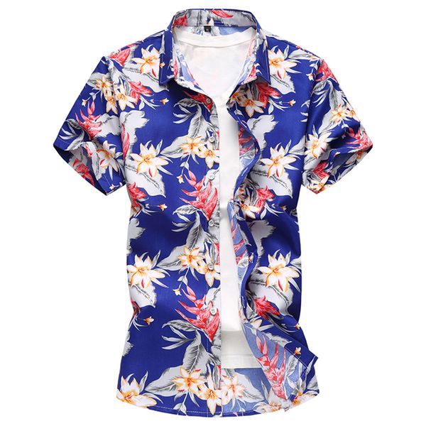 

2018 new fashion summer mens flower shirt short sleeve floral shirt plus size -7xl casual slim fit mercerized cotton shirts, White;black