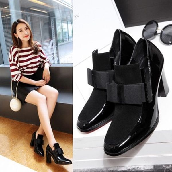 

spring and autumn fashion new leather high heel women's shoes bow personality trend thick sole shoes, Black