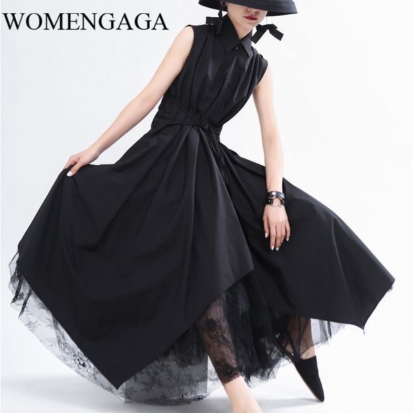 

womengaga 2020 summer new irregular dress sleeveless casual patchwork loose elegant comfortable single breasted w0009, Black;gray